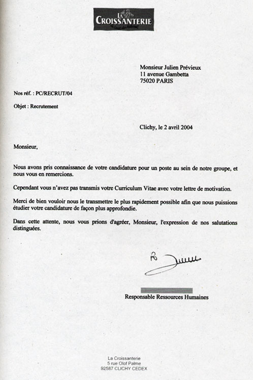 Julien PrÃ©vieux, Lettre de non-motivation (rÃ©sponse), 2004.